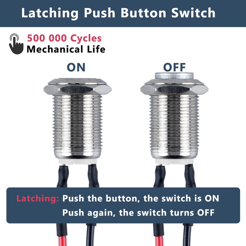 DMWD 2-Pack 12mm Latching Metal Waterproof Push Button Switch Raised Head 1/2" Mounting Hole with Pre-soldered Cable250V 2A 1NO - Image 2